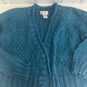 Vtg 1980s Extra Energy Deep V Teal Chunky Cardigan Hong Kong Sweater